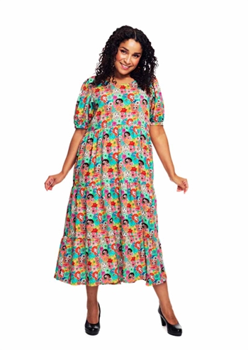 <h2>Multifarvet retro kjole med løs pasform, sidelommer og grafisk retro print fra Cissi och Selma</h2>
